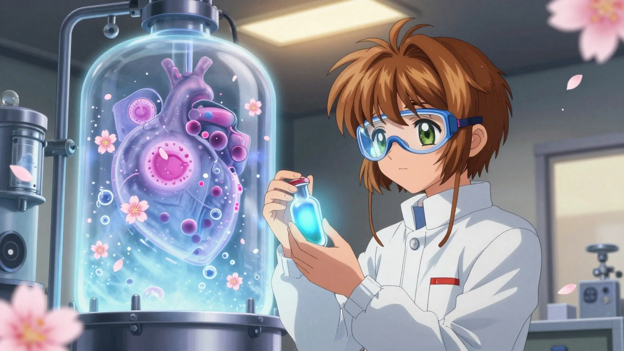 An engineer in a cleanroom holds a glowing vial as a massive bioreactor pulses like a living heart behind her.