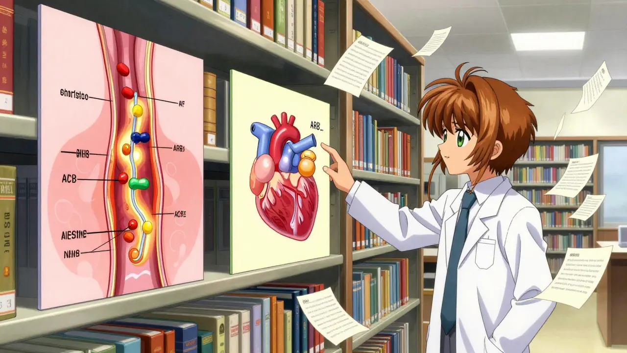 Animated medical diagrams of heart and blood vessel mechanisms in a magical library.