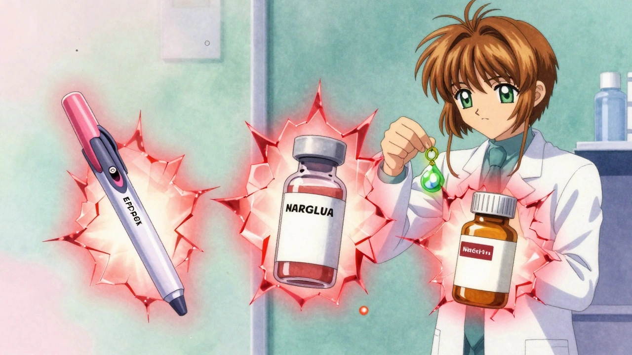 Dangerous expired medications glow red while a pharmacist protects a safe one with a charm.