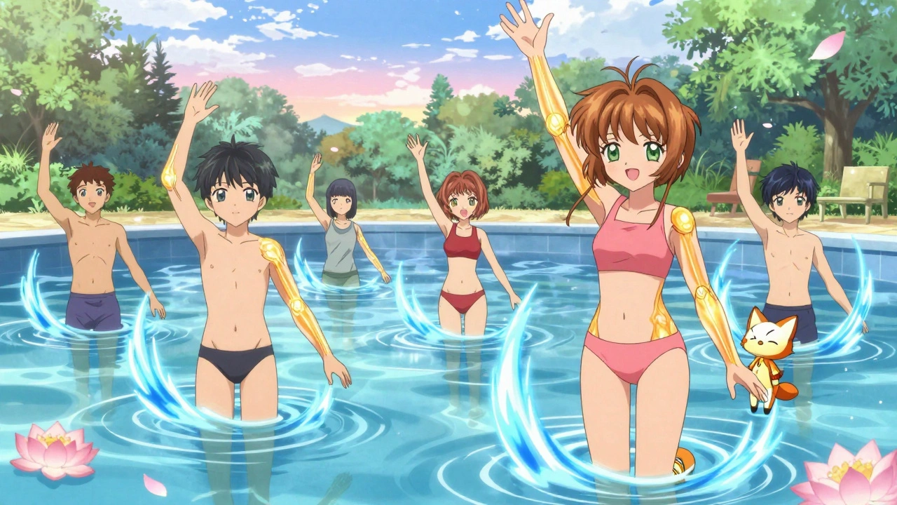 Diverse group doing water aerobics in a sunlit pool, shimmering blue energy waves around joints, a fox-like spirit bouncing on one woman&#039;s knee.