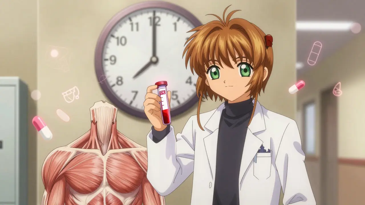 Doctor holding blood vial with elevated CK levels, patient's muscles visibly fraying, floating medication symbols in background.