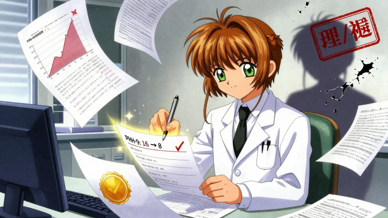 Doctor writing clinical notes that generate golden approval seals, with medical data glowing in the air around them.