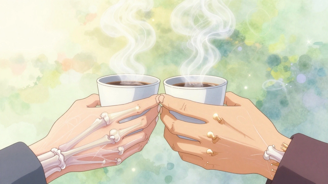 Elderly hand with swollen knuckles and glowing bone spurs, held gently by a younger hand, translucent cartilage fibers reforming in morning light.