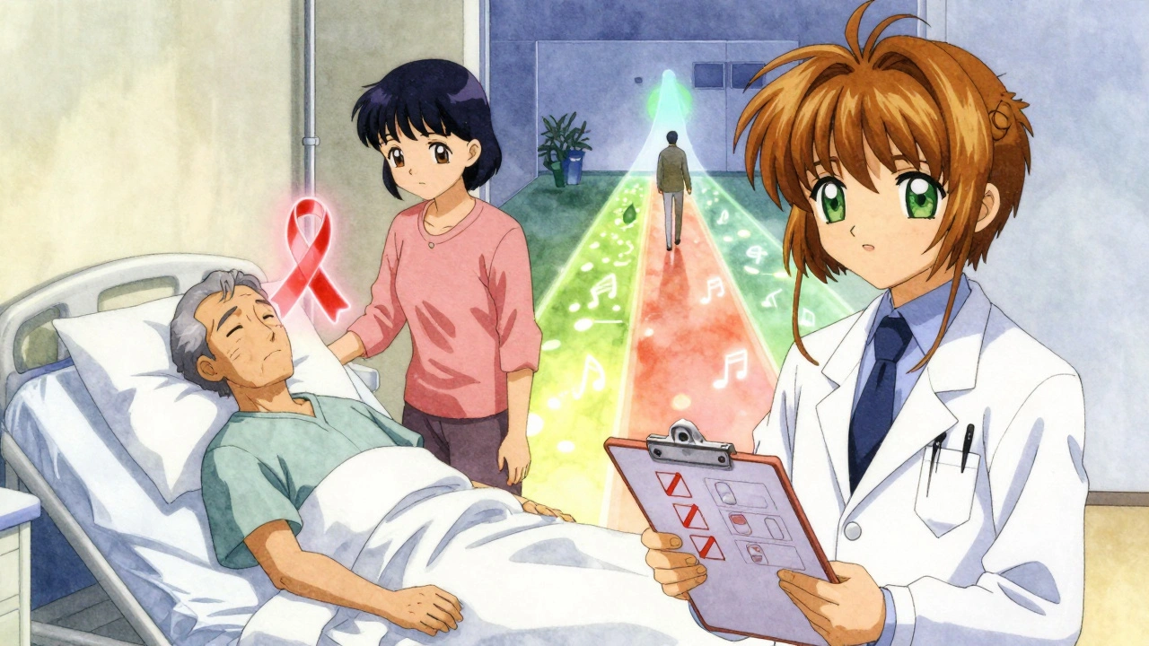 Family beside a hospital bed with a stroke warning symbol above the patient, while alternative therapies glow nearby.