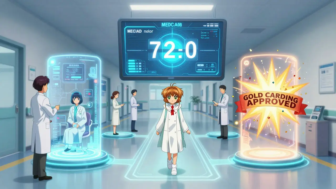 Futuristic digital dashboard showing authorization pathways and a 'GOLD CARDING APPROVED' banner in a hospital hallway.