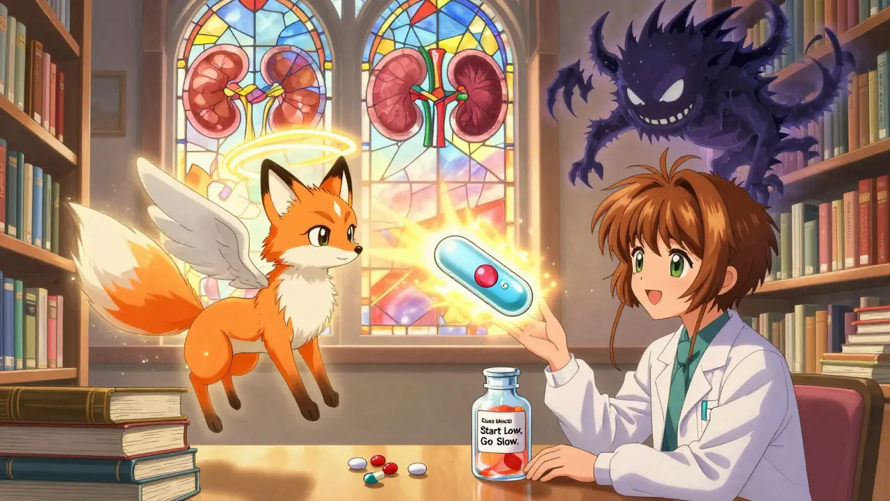 Magical books turn into creatures; safe opioids are winged foxes, toxic ones are shadow monsters being banished by a glowing tablet.