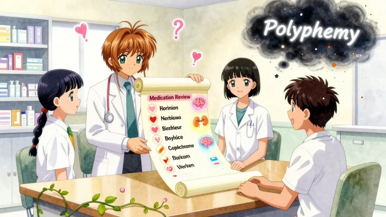 Medical team holding a glowing medication review scroll as unnecessary pills vanish into confetti.