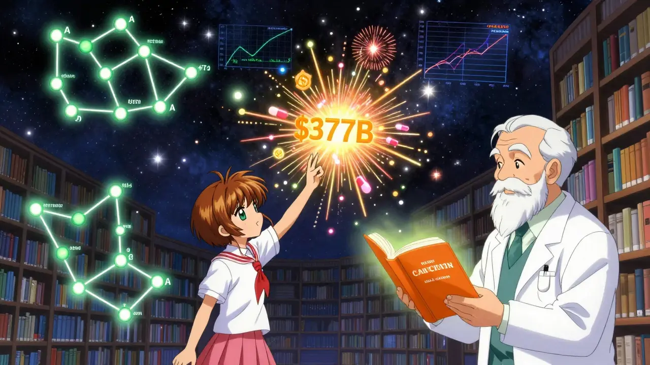 Millions of glowing generic pills form constellations in a cosmic library of medicine.