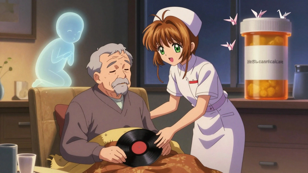 Nurse guiding a senior through evening care with magical spirits of patience, as a prescription dissolves into cranes.