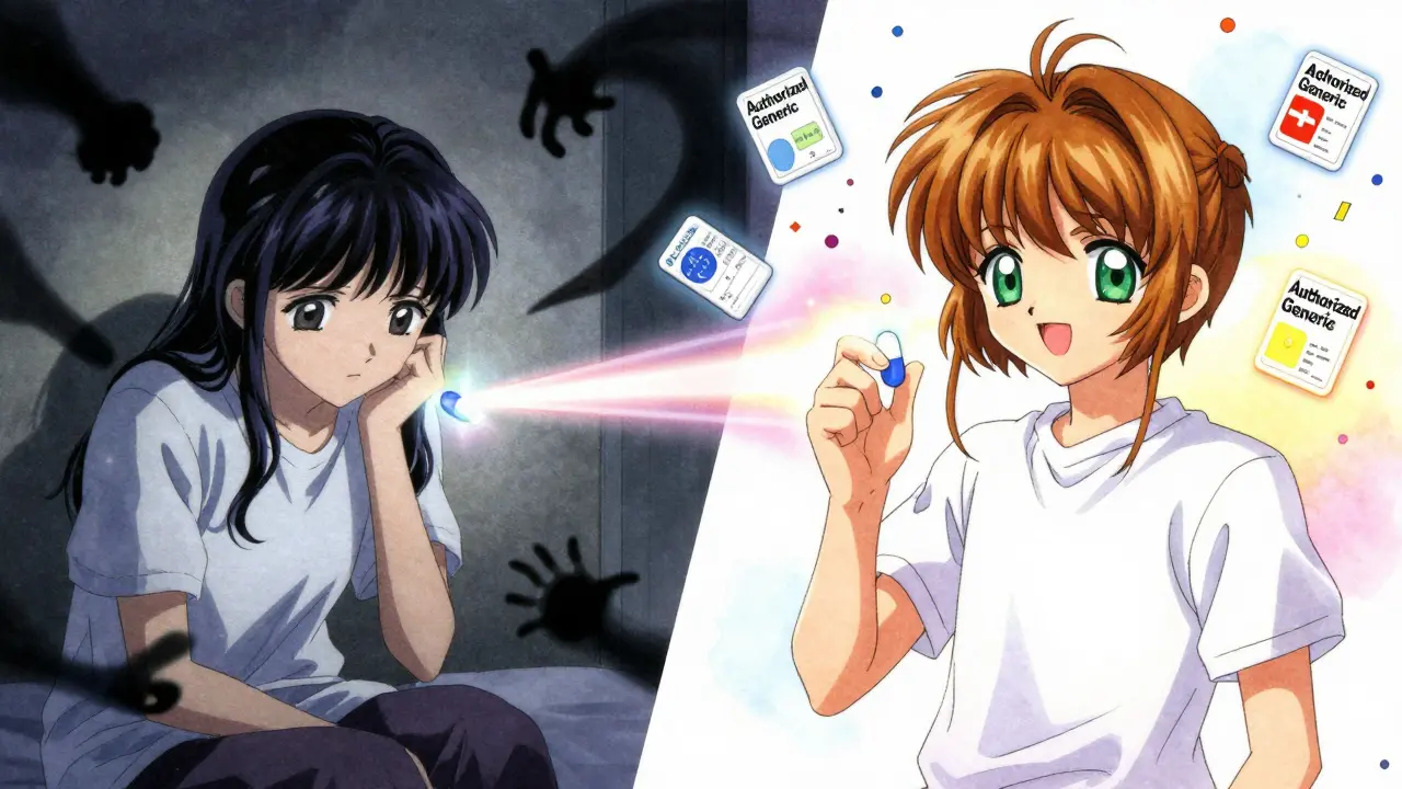 Patient's worry transforms into relief as generic pill sparkles into authorized version.