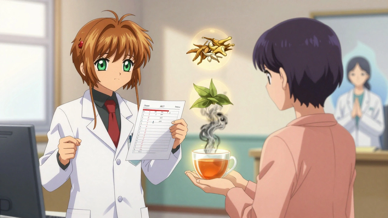 Patient watching kava tea turn to ash as safer alternatives appear in light.