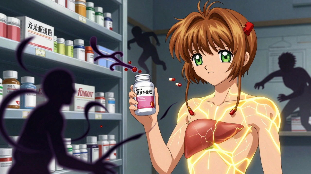 Person holding kava capsules next to medications, liver glowing with damage.