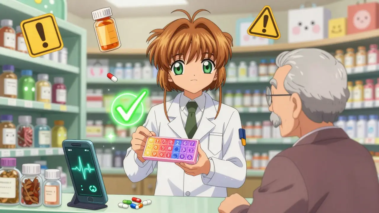 Pharmacist and patient with a dosette box surrounded by animated warning symbols and magical pill icons.