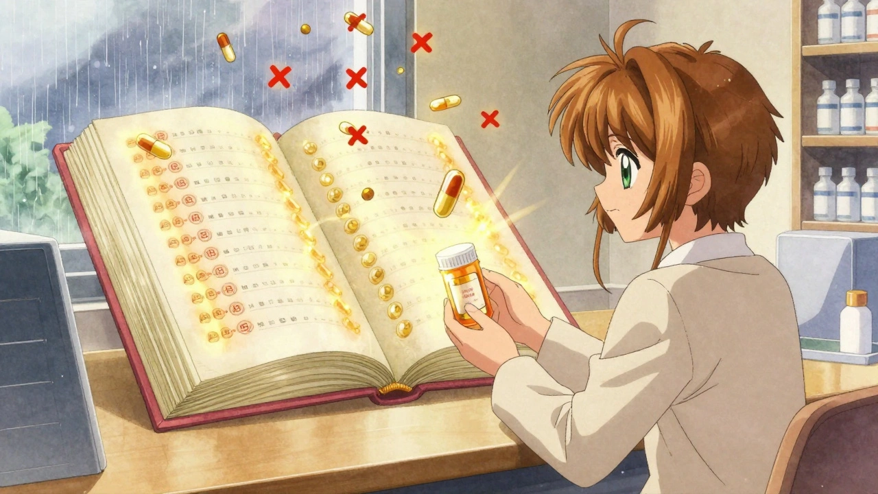 Pharmacist hands a glowing AB-rated pill bottle to a patient, with a magical Orange Book behind them.