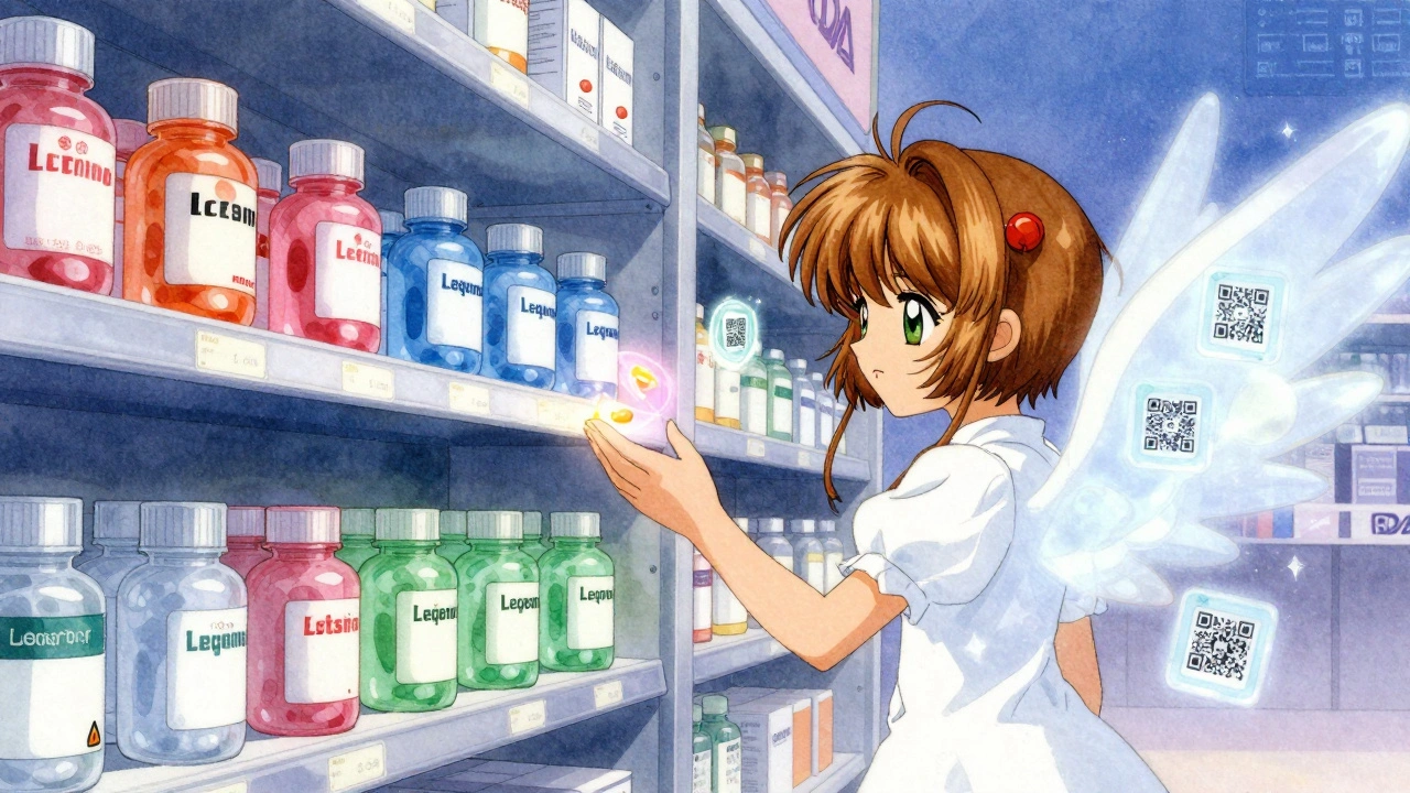 Pharmacy shelves with glowing medication bottles, a child reaching for pills as a warning-label spirit stops them.