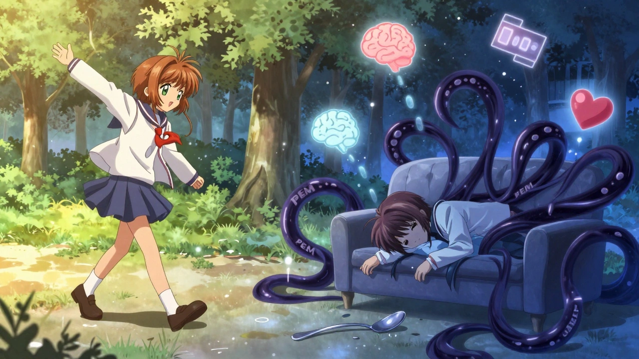 Split scene of a person before and after a crash, with dark energy tendrils and a broken spoon symbolizing post-exertional malaise.