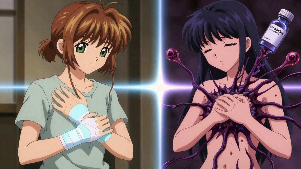 Split scene: one woman&#039;s joints healed by estrogen patch, another overwhelmed by autoimmune antibodies from a pill bottle.