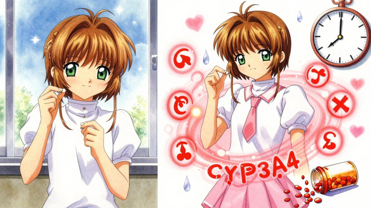 Split scene showing birth control pill working vs. being broken down by enzymes in anime style.