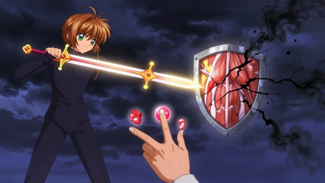 Symbolic battle between daptomycin sword and muscle shield, cracks spreading as hand presses 'CK Test Now' button.