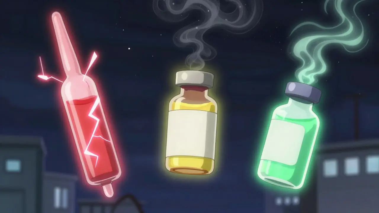 Three glowing medicine vials float in air—insulin with lightning, antibiotics with smoke, antihistamine with calm light.