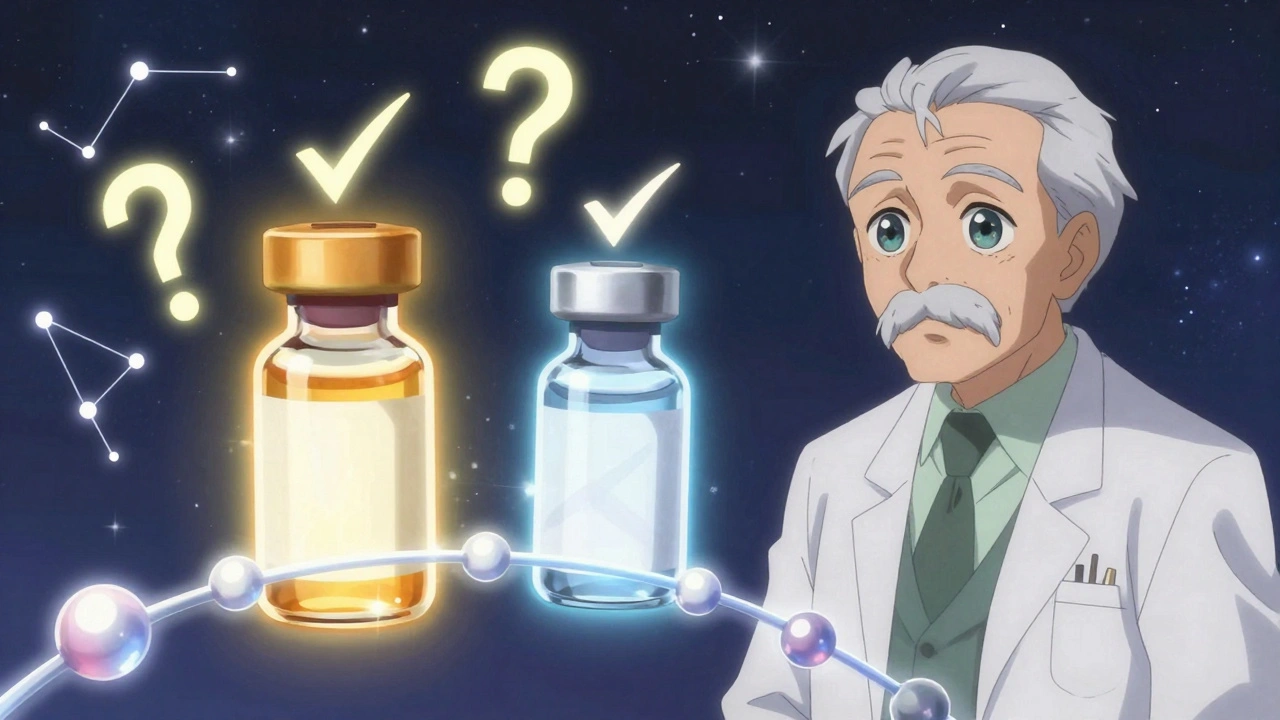 Two glowing vials connected by molecular threads, surrounded by floating symbols, under a starry antibody constellation.