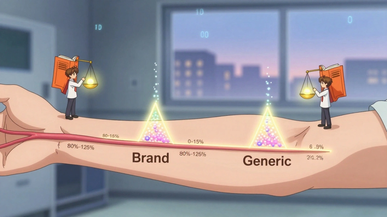 Two identical drug streams flow in sync inside an arm, marked by glowing FDA boundaries.