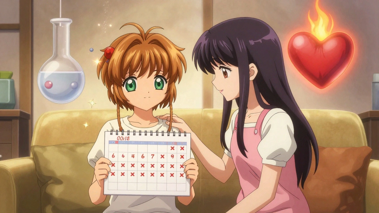 Two women in a cozy room, one holding a fertility calendar, the other offering comfort with warm light.