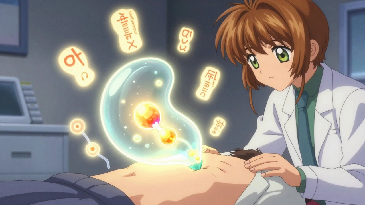 Ultrasound image of gallbladder with lodged stone, surrounded by floating medical symbols.