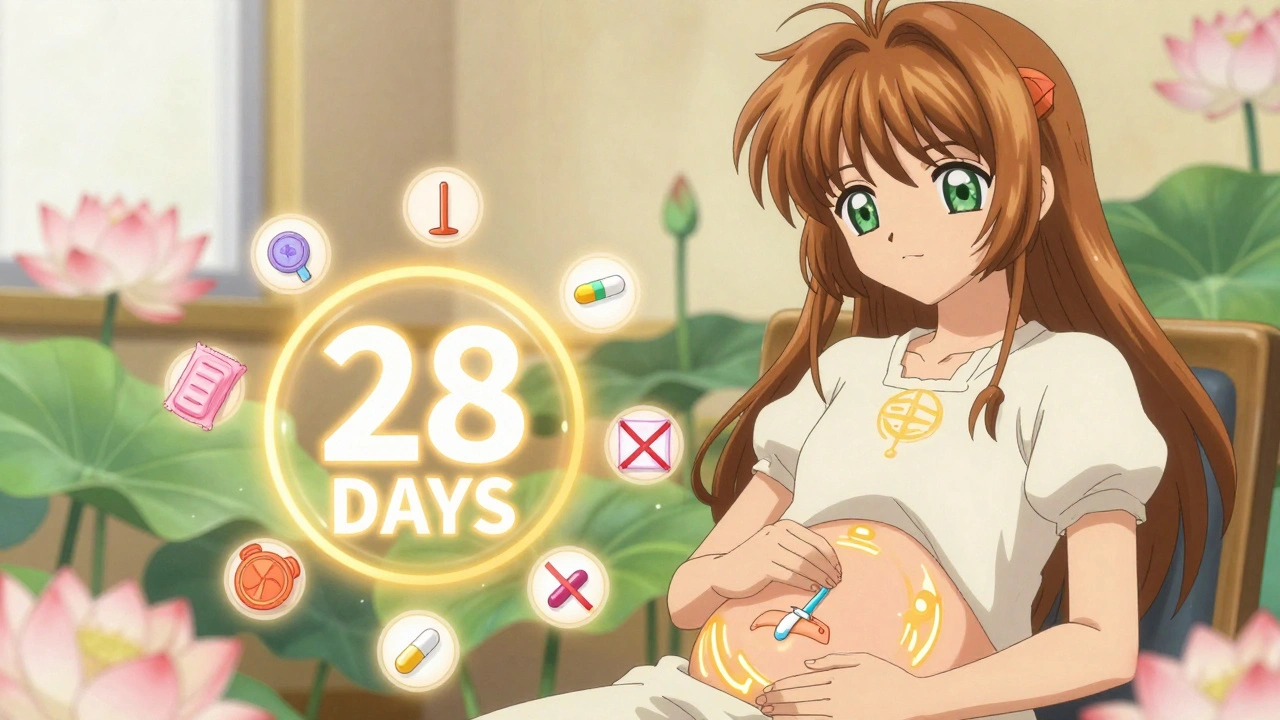 Woman receiving a copper IUD with a 28-day countdown and protective runes glowing in anime style.