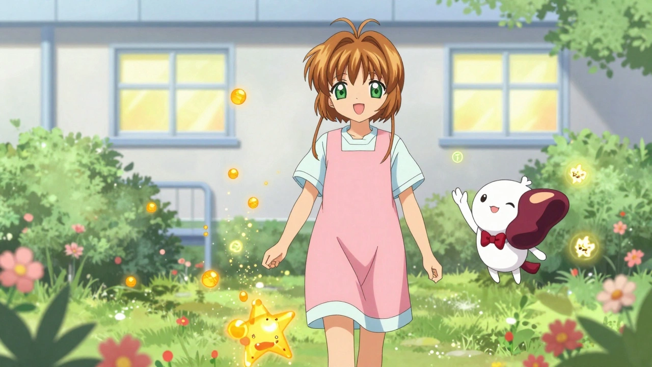 Woman walking in garden as dissolving stones turn to dust, symbolizing recovery after surgery.