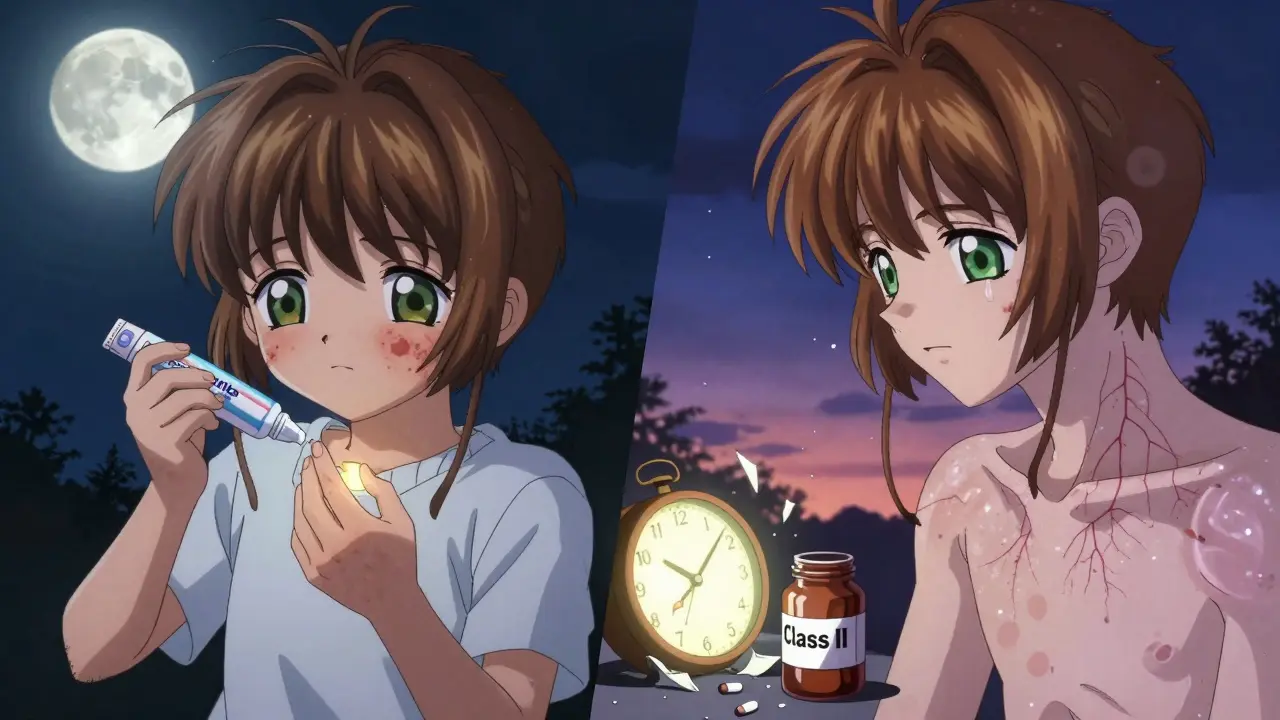 A child's healthy skin contrasts with past steroid damage, shown in a dreamlike split scene.