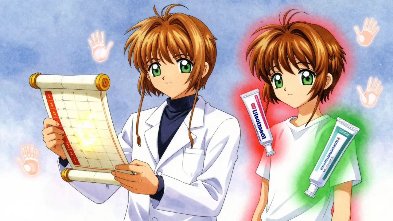 A dermatologist holds a glowing steroid potency chart as warning and safe zones appear on skin.