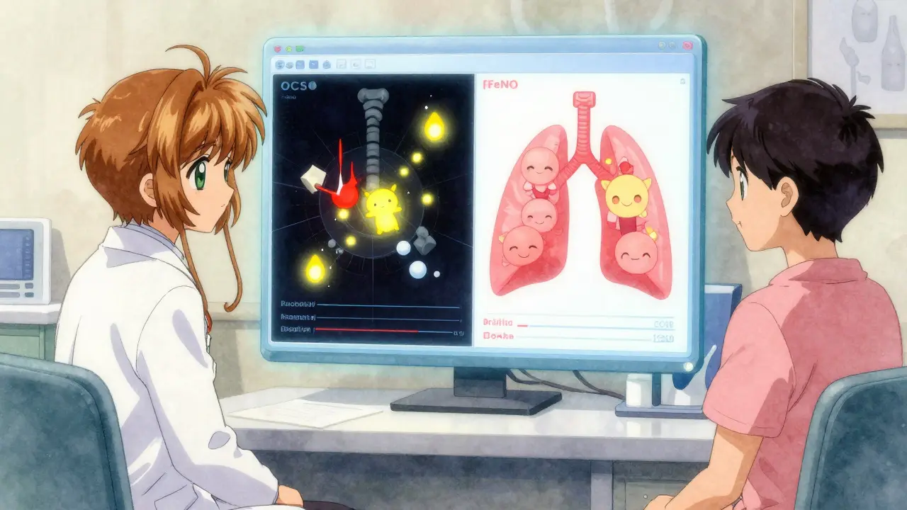 A doctor and patient view a glowing diagnostic chart with firefly-like biomarkers, contrasting dark and light asthma outcomes.
