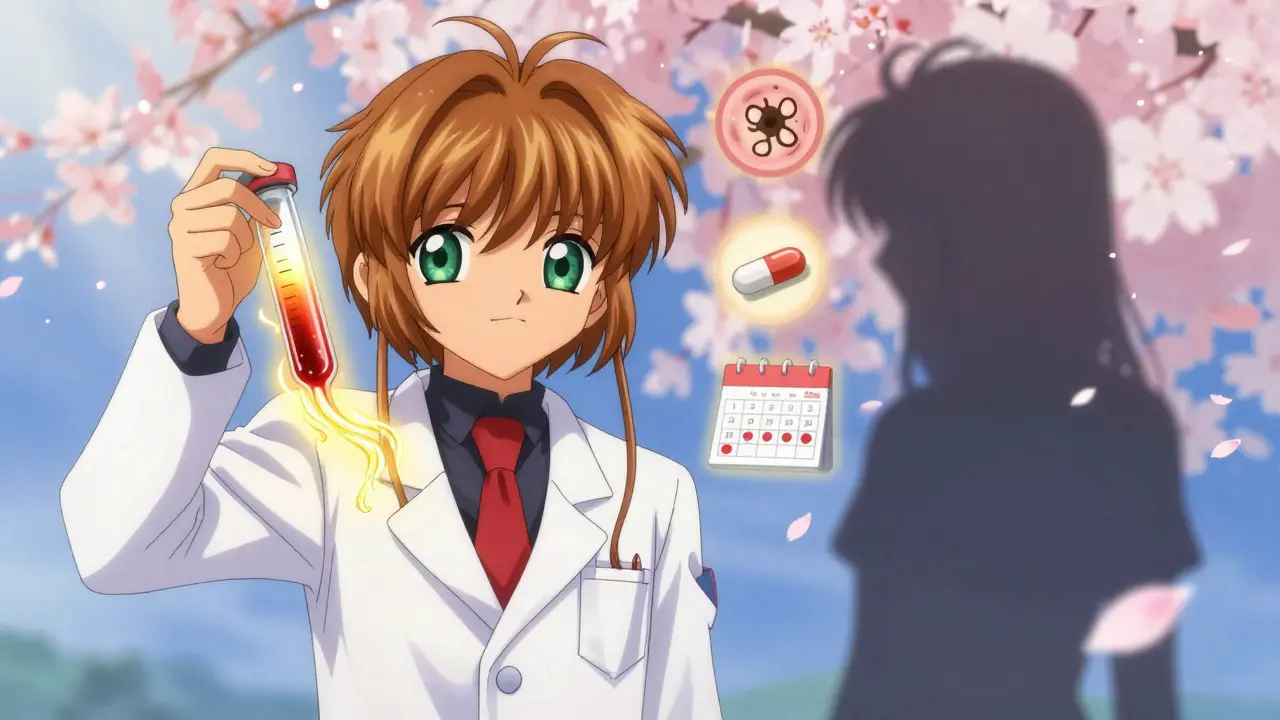 A doctor holds a glowing blood vial with prolactin waves, next to icons of a tumor, pill, and calendar in a serene room.