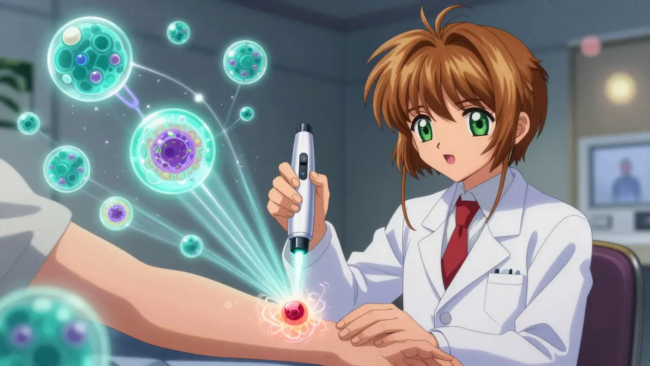 A doctor using a pen-like device that emits light to reveal a hidden mole, surrounded by floating medical diagrams.