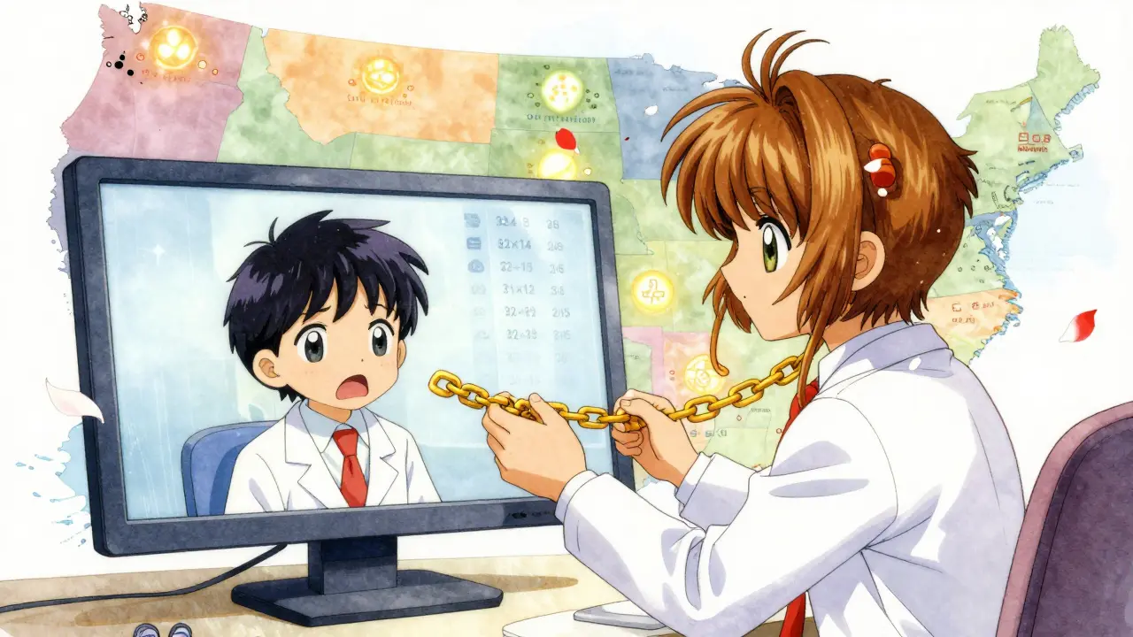 A doctor watches a frightened child on a telehealth screen, golden hands connecting across state lines.