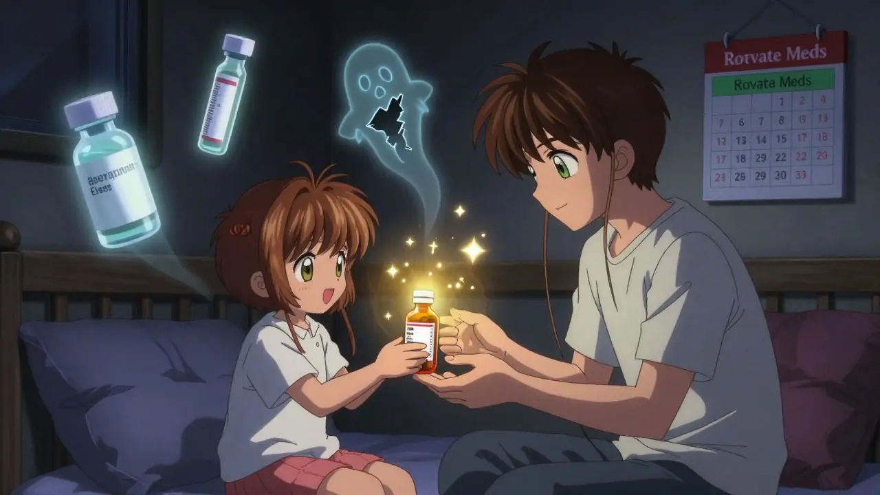 A family in a dark room receives an old painkiller as ghostly warnings hover over dangerous expired medications nearby.