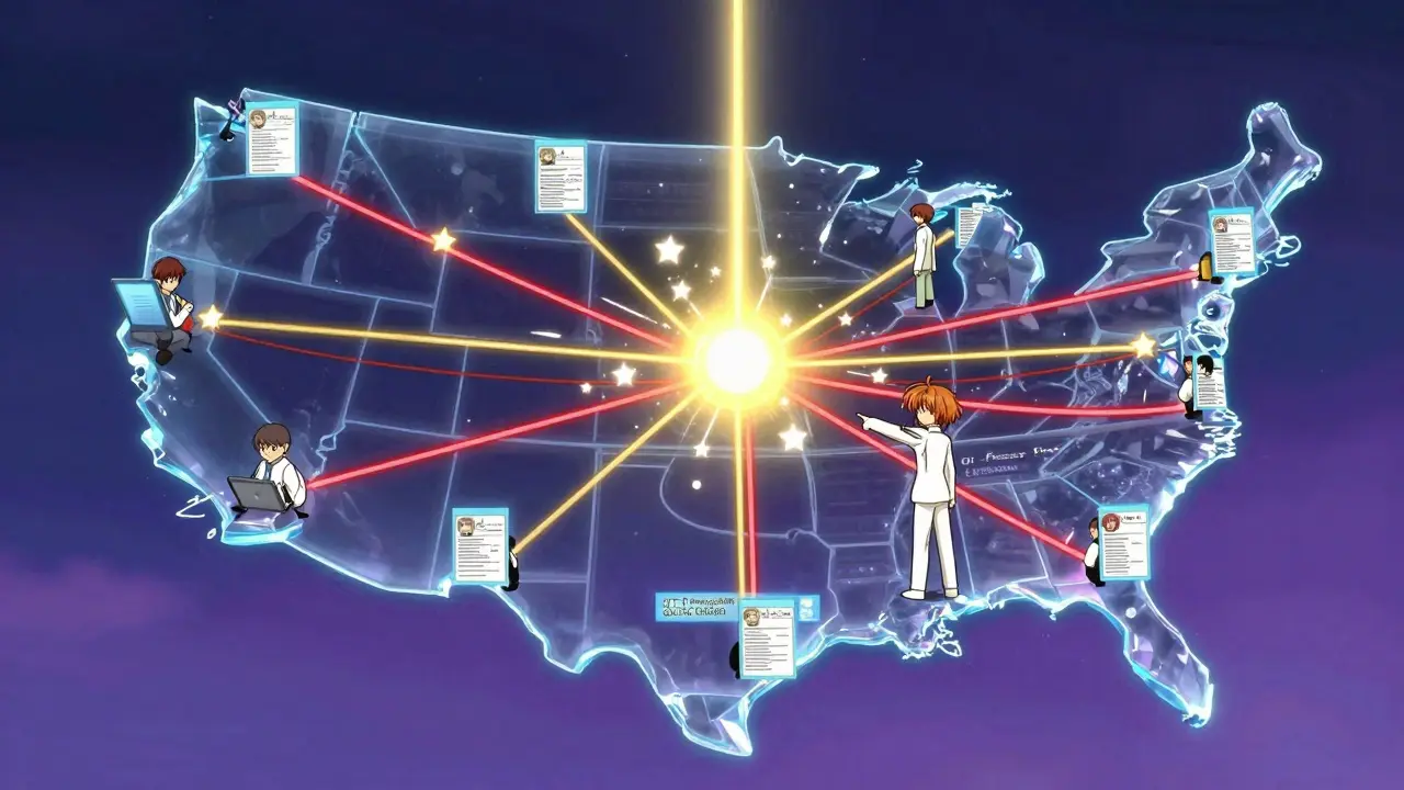 A glowing crystal dashboard displays connected patient reports across the U.S., with tiny figures submitting safety alerts.