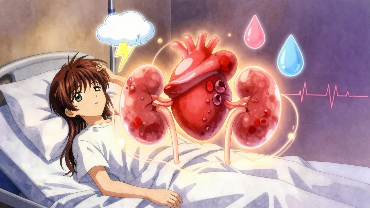 A glowing tumor above kidneys, connected to symbols of headache, sweat, and racing heartbeat in a dreamy hospital scene.