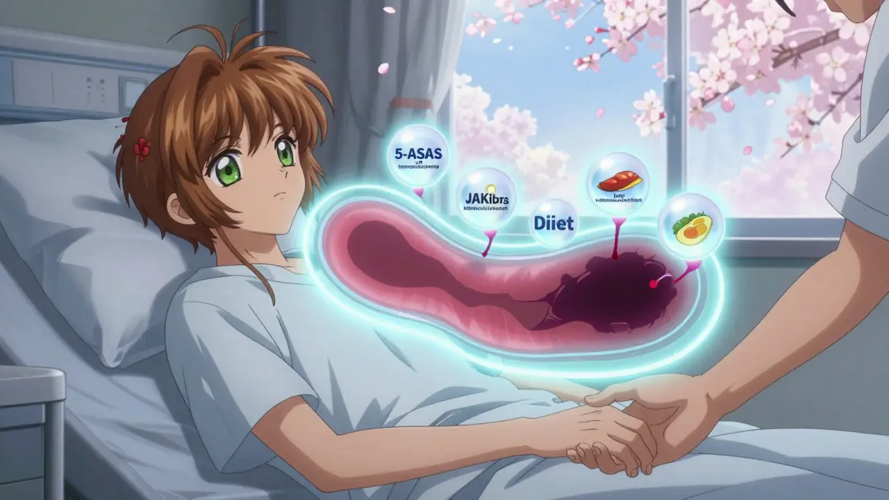 A healthy glowing colon dissolves inflammation with five magical orbs, hospital scene, anime style.