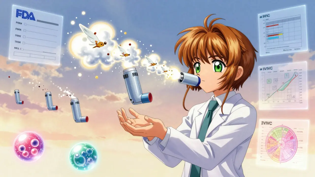 A hovering inhaler releasing radiant drug particles, with failed generic versions flickering nearby under glowing FDA panels.