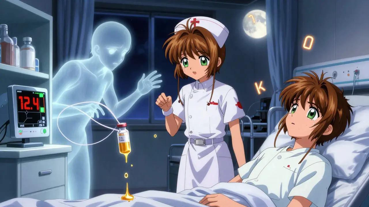 A nurse monitors a spike in INR levels as a ghostly drug figure drains digoxin in a moonlit hospital room.