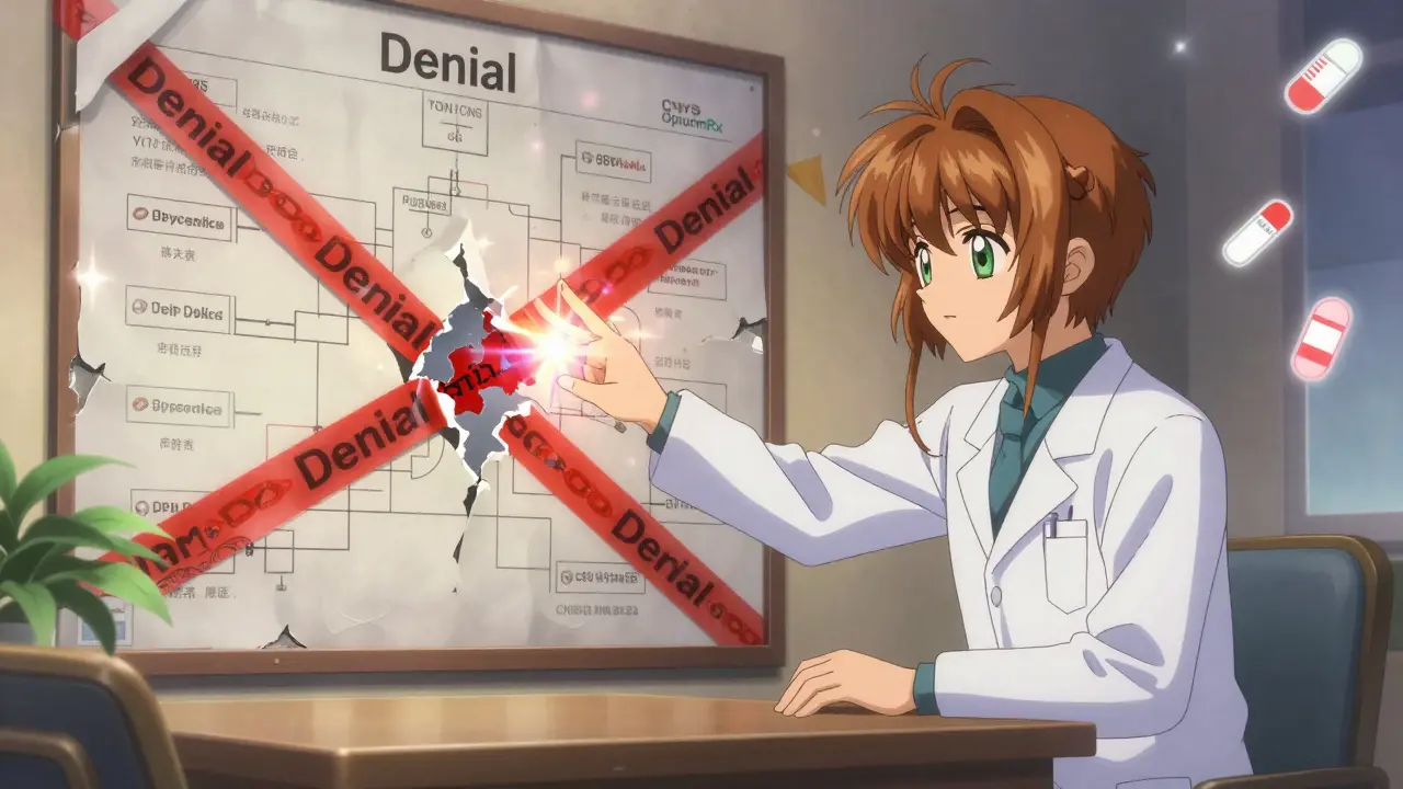 A patient and doctor breaking red tape with magic light, as bureaucratic flowcharts crumble behind them.