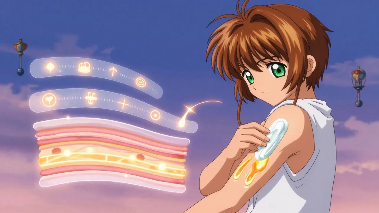 A patient applying cream to their arm as glowing skin layers and floating adhesive tapes reveal invisible medicine pathways.