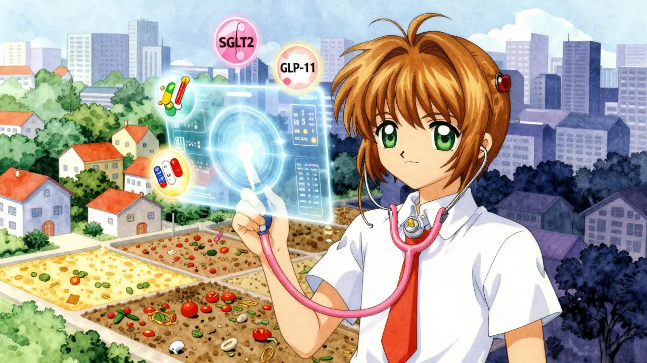 A person holding a stethoscope projecting AI risk icons and medication talismans, with a cityscape showing healthy and deprived neighborhoods.