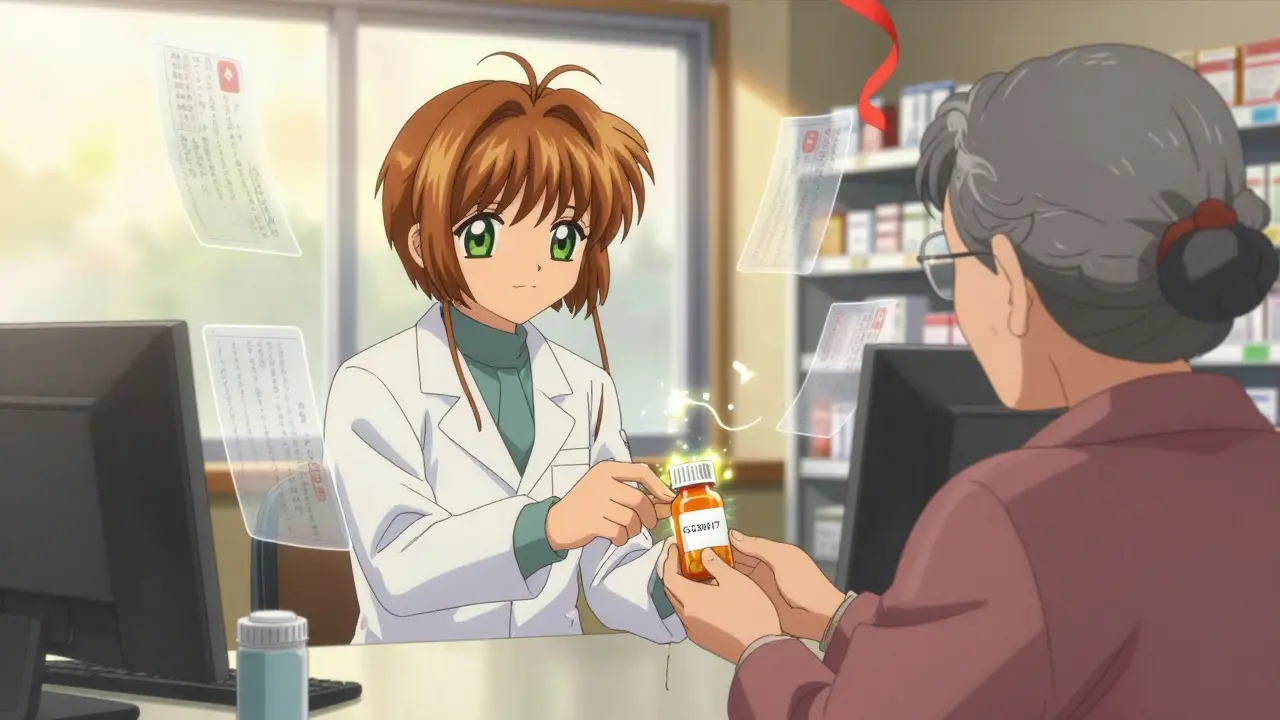 A pharmacist gives a pill bottle to an elderly woman, with a glowing lot number and floating patient reports in the air.