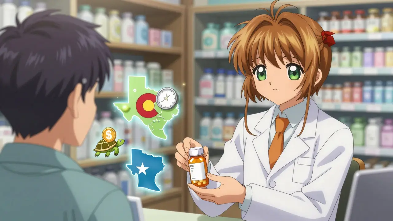 A pharmacist handing a pill bottle surrounded by glowing maps showing different state wait times and copays.