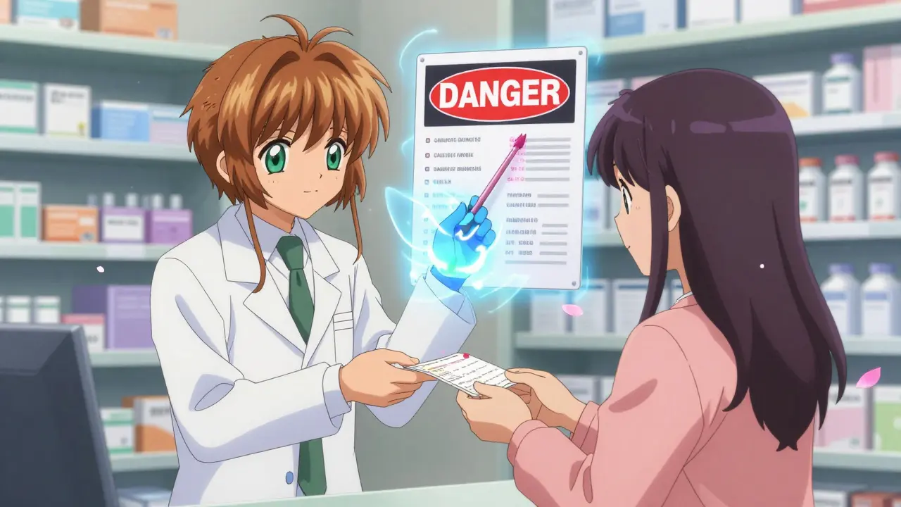 A pharmacist hands a prescription to a patient as a data spirit erases a danger sign with magic cherry petals.