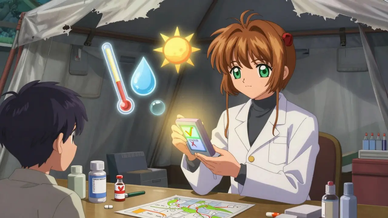 A pharmacist uses a glowing device to test an expired pill in a disaster tent, with animated icons showing its safety status.