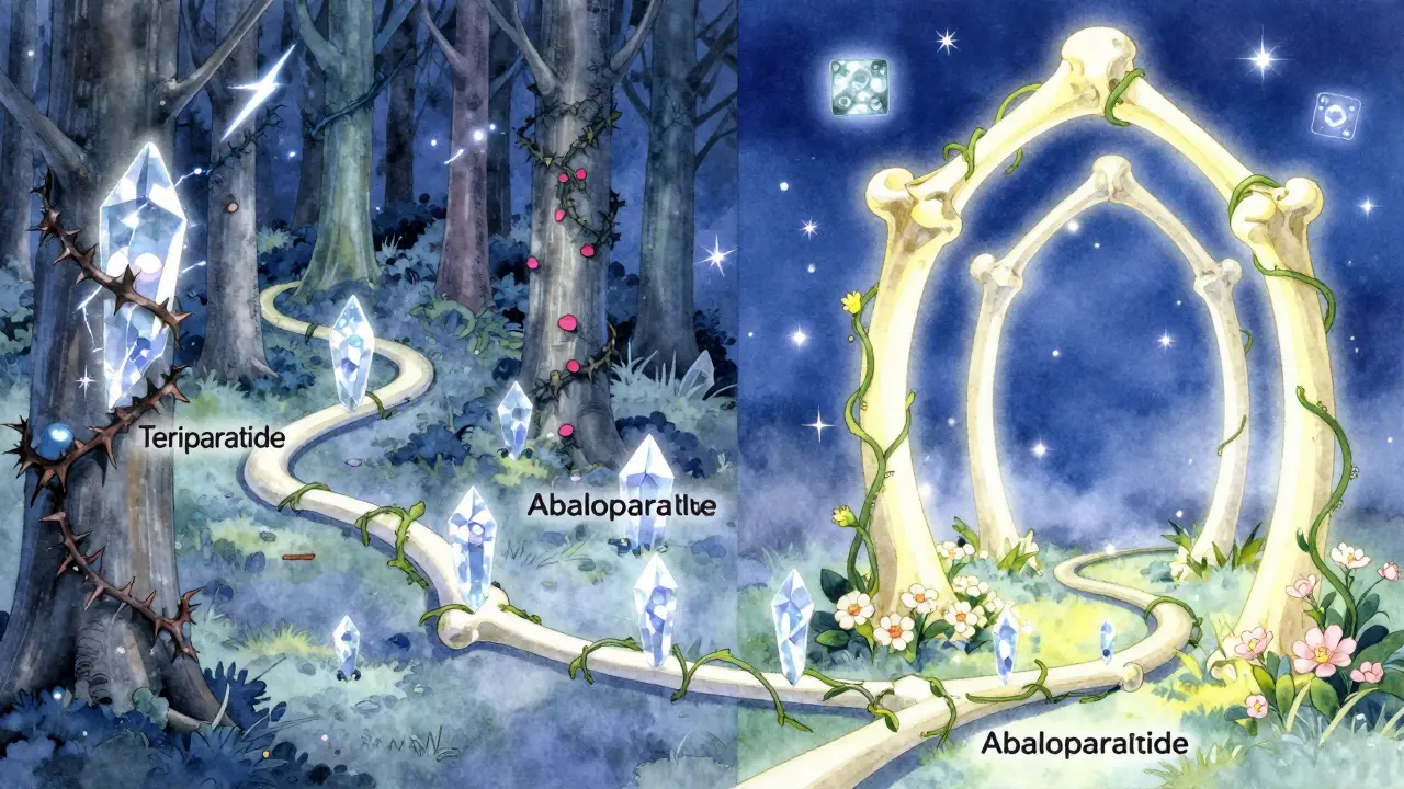 A timeline forest of crystalline bones showing the path of teriparatide and abaloparatide treatment merging into strong bone arches.
